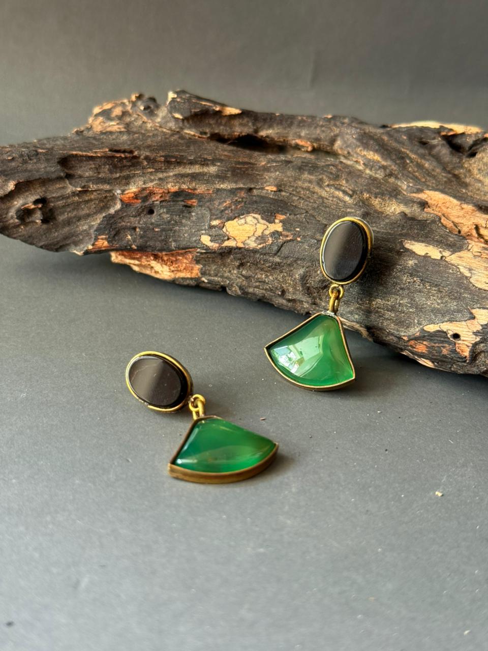 Black & Green Glass Stone Geometric Earring