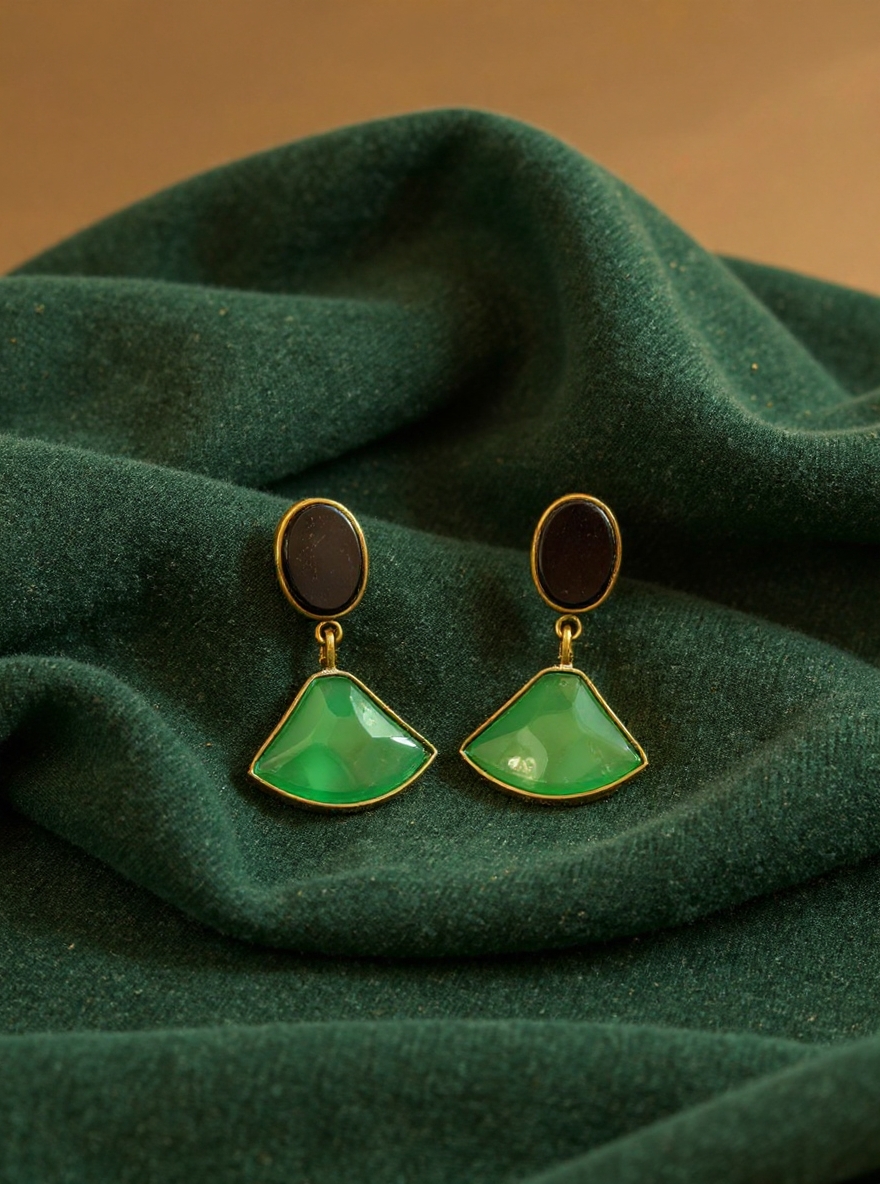 Black & Green Glass Stone Geometric Earring