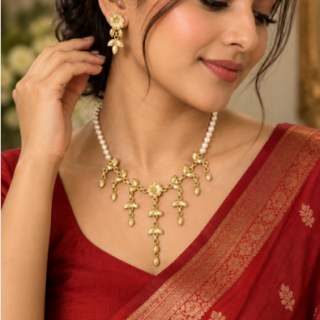 Gold Floral Necklace (ঝরাপাতা) pearl version