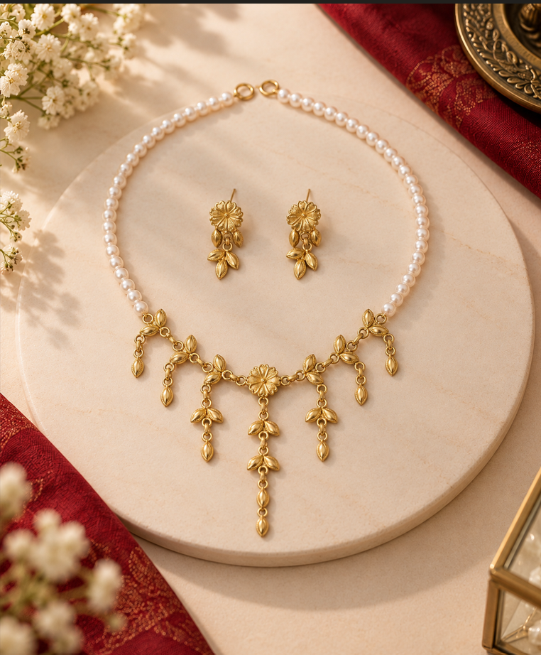 Gold Floral Necklace (ঝরাপাতা) pearl version - Image 5