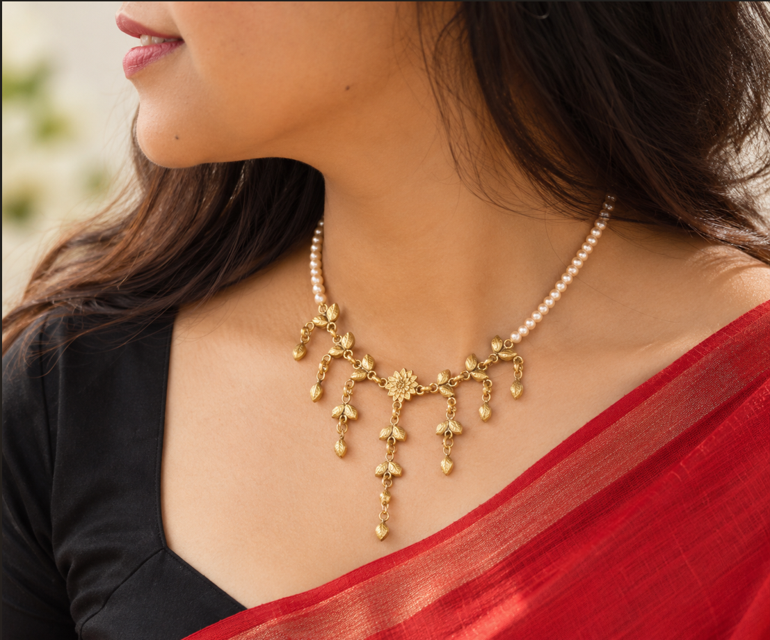 Gold Floral Necklace (ঝরাপাতা) pearl version - Image 3