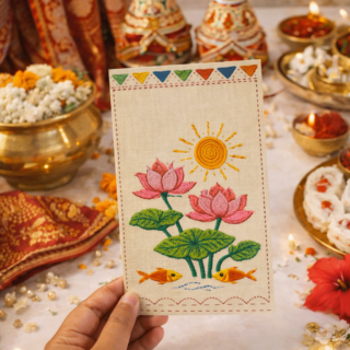 Handcrafted Nakshi Kantha Eid Salami Card – Lotus & Sun Motif ( Pack of 5 & 10)