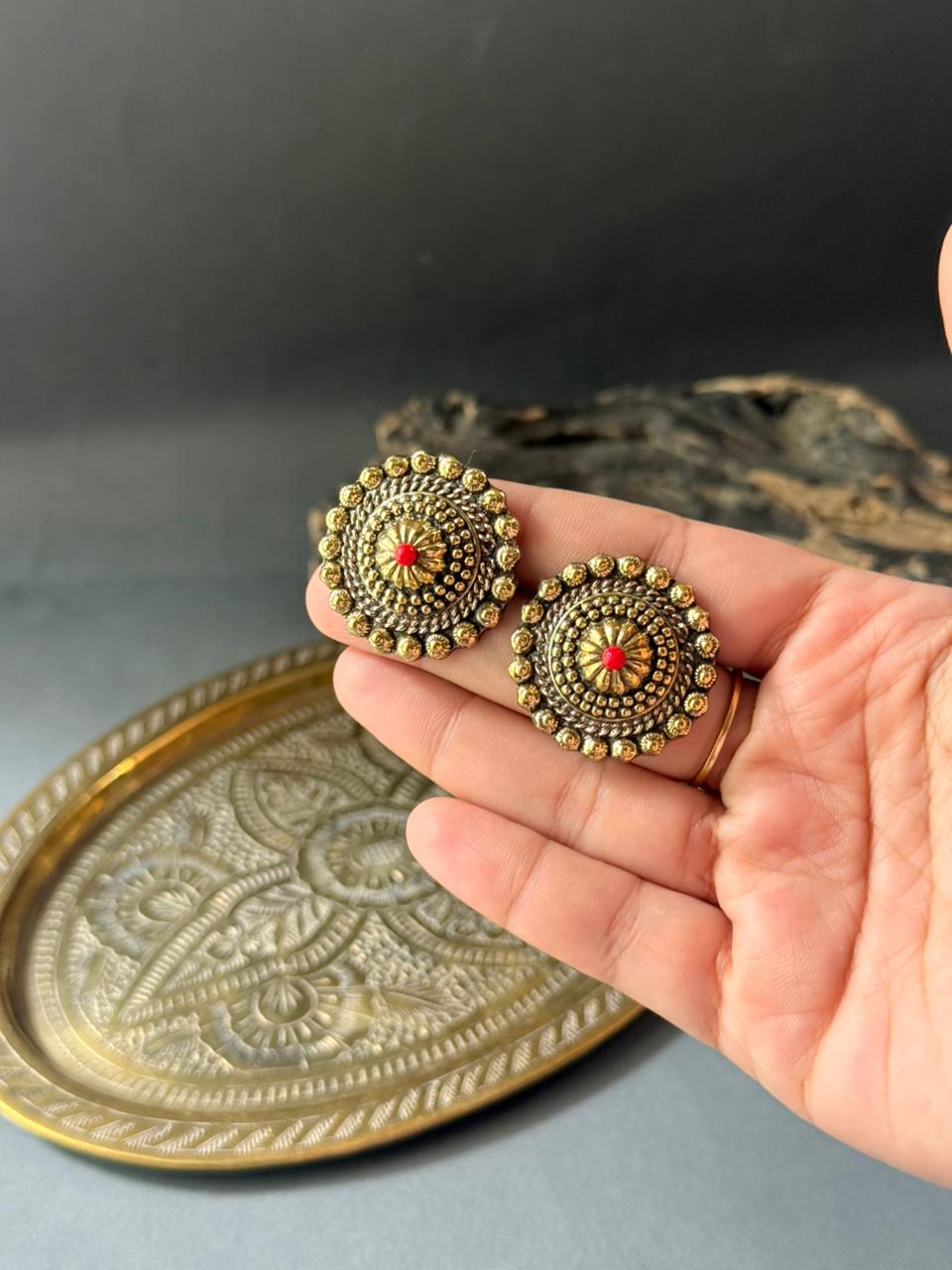 Antique Scarlet Bloom Stud Earrings