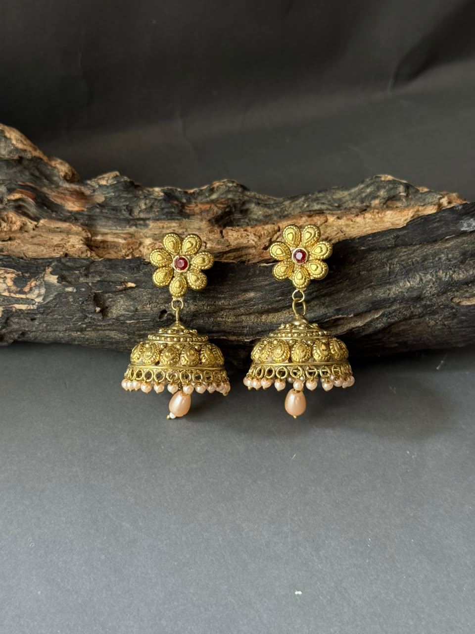 Gold Floral Jhumka Earrings