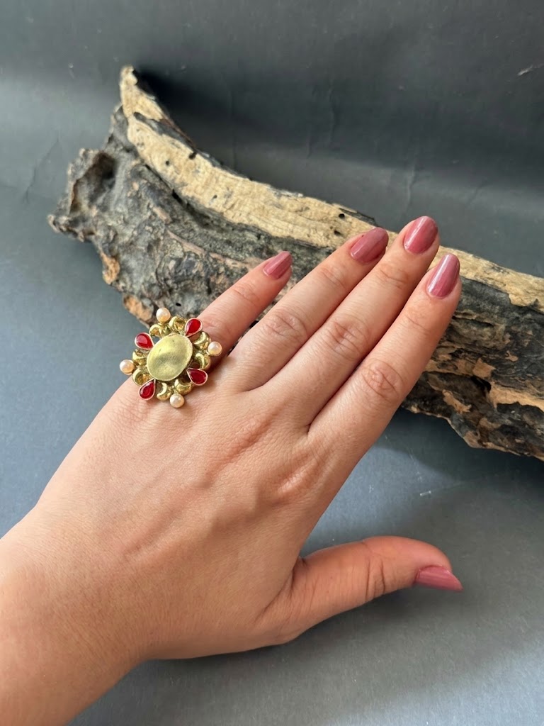Vintage Pearl and Red Stone Statement Ring